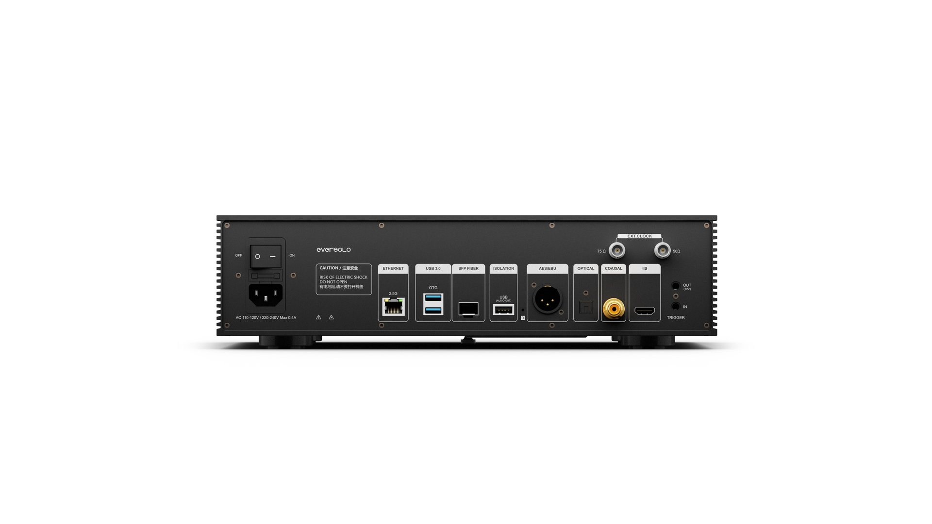 Pannello posteriore Eversolo T10 con porte Ethernet 2.5G, SFP e uscite digitali IIS USB AES/EBU