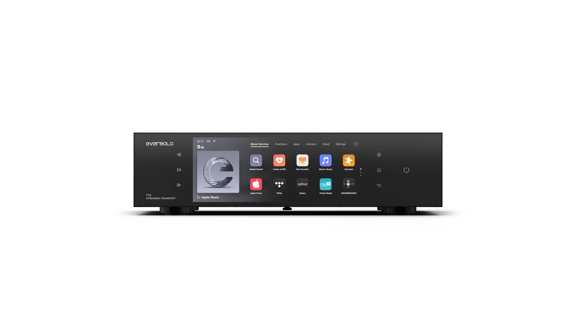 Schermata app Eversolo Control con libreria musicale e servizi di streaming sul display del T10