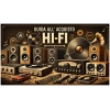 Guida all'acquisto di un sistema Hi-Fi: diffusori, amplificatori e giradischi vintage in stile collage