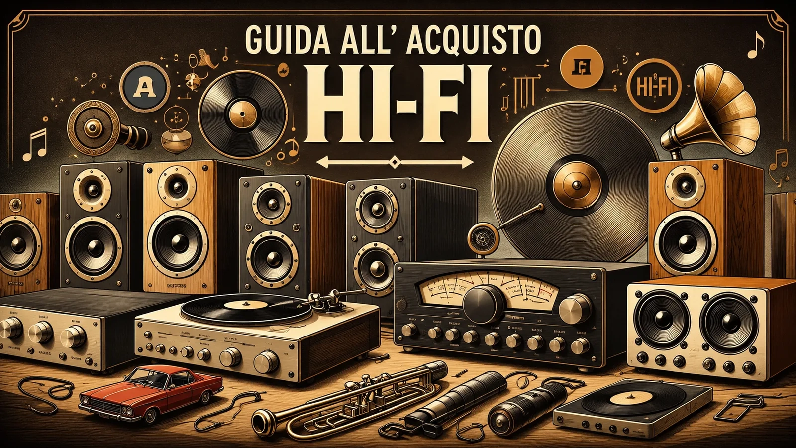 Guida all'acquisto di un sistema Hi-Fi: diffusori, amplificatori e giradischi vintage in stile collage