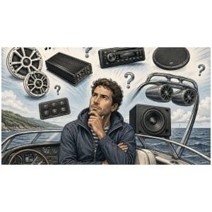 Diportista in barca sceglie i componenti dell'impianto audio nautico: casse marine, amplificatore, sorgente, torri e subwoofer