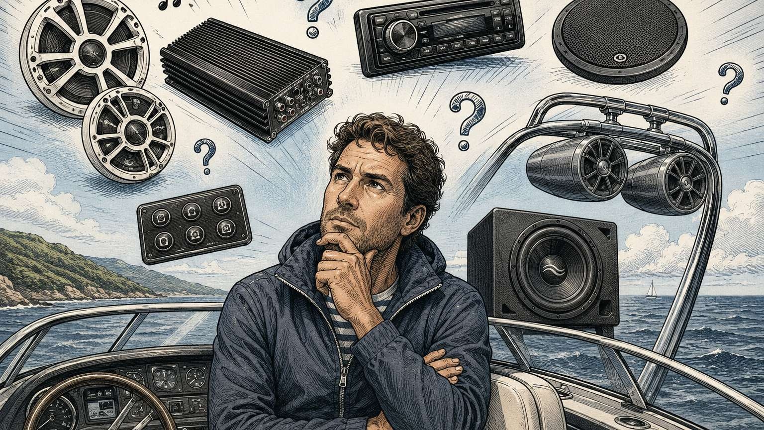 Diportista in barca sceglie i componenti dell'impianto audio nautico: casse marine, amplificatore, sorgente, torri e subwoofer
