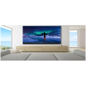 Barco TruePix Bifrost Cinemascope, videowall LED in formato panoramico in un soggiorno