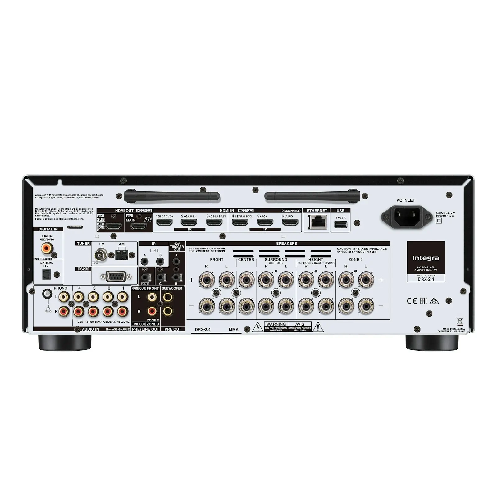 Integra DRX-2.4 sintoamplificatore AV di rete 7.2 canali, pannello posteriore Integra DRX-2.4 sintoamplificatore AV di rete 7.2 canali, pannello posteriore