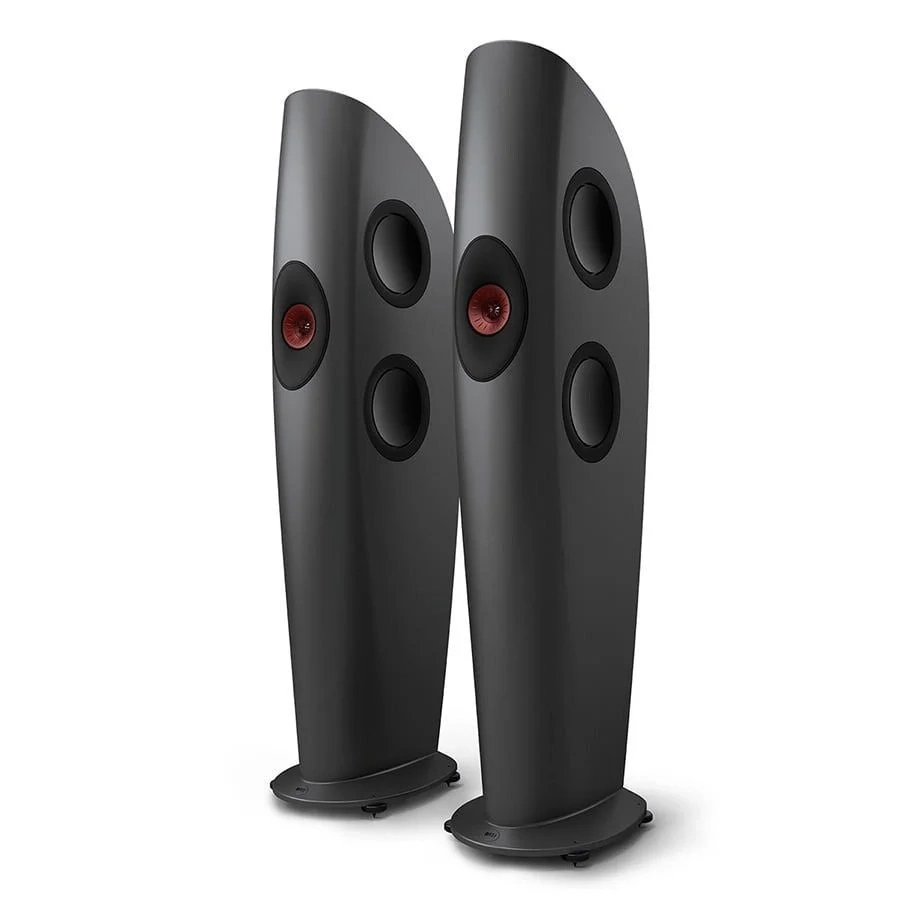 KEF Blade One Meta Grigio Antracite e Rosso, diffusore da pavimento, di tre quarti KEF Blade One Meta Grigio Antracite e Rosso, diffusore da pavimento, di tre quarti