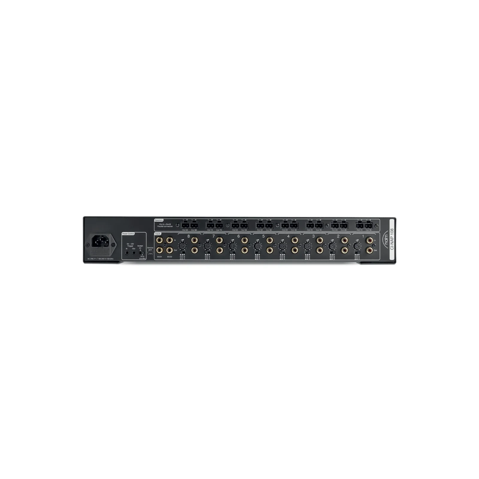 Naim CI-NAP 108 amplificatore 8 canali – pannello posteriore Naim CI-NAP 108 amplificatore 8 canali – pannello posteriore