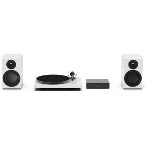 Pro-Ject Colourful Audio System E con giradischi Debut E, amplificatore Stereo Box E e diffusori Speaker Box 5 E Carbon