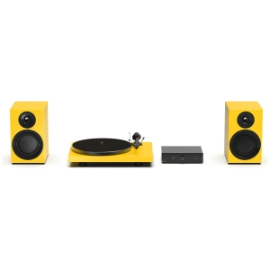 Pro-Ject Colourful Audio System E con giradischi Debut E, amplificatore Stereo Box E e diffusori Speaker Box 5 E Carbon