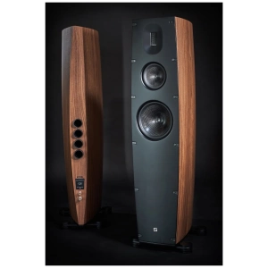 Scansonic HD Q8 diffusore da pavimento – versione noce, fronte e retro