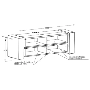 Schnepel X-Lowboard 1400 chiuso, mobile TV basso con 2 ribalte – disegno con le misure