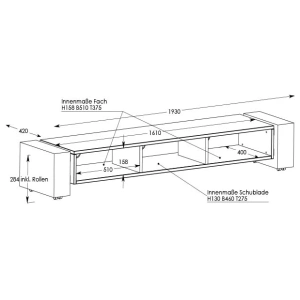 Schnepel X-Lowboard 1900 aperto, mobile TV basso – disegno con le misure