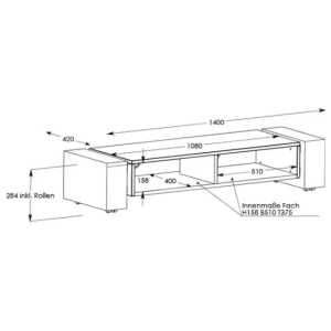 Schnepel X-Lowboard 1400 aperto, mobile TV basso – disegno con le misure