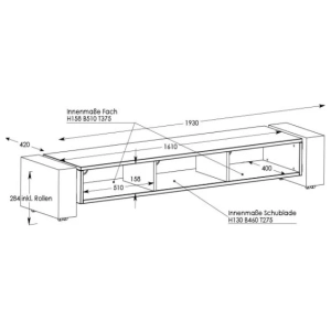 Schnepel X-Lowboard 1900 chiuso, mobile TV basso con 2 ribalte e cassetto – disegno con le misure