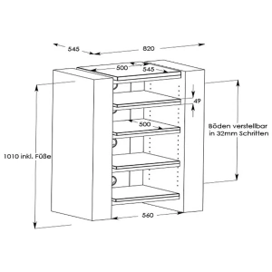 Schnepel X-Hifirack XL, rack Hi-Fi a 5 ripiani – disegno con le misure