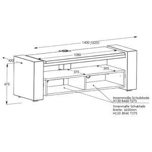 Schnepel X-1400 semiaperto, mobile TV con 2 cassetti – disegno con le misure