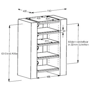 Schnepel X-Hifirack, rack Hi-Fi a 5 ripiani – disegno con le misure